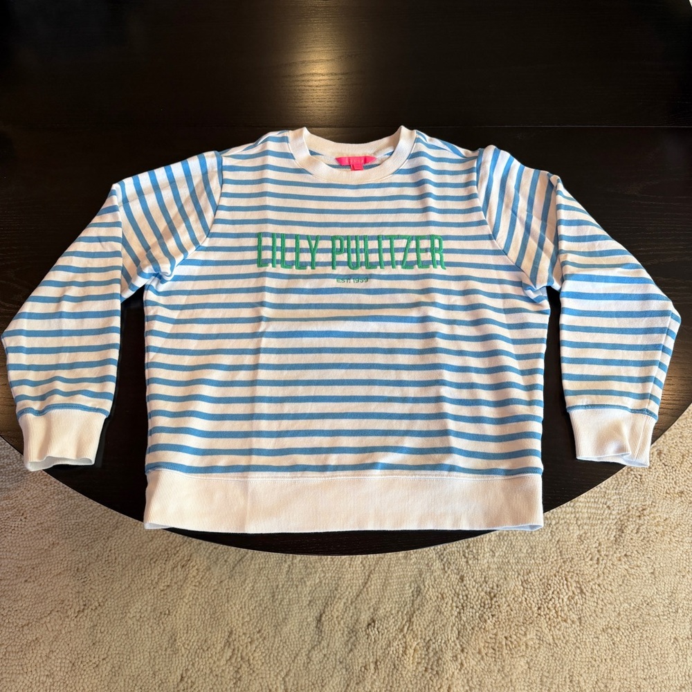 Lilly Pulitzer Ballad Sweatshirt in Lunar Blue Striped Green Embroidered Logo - Picture 4 of 12